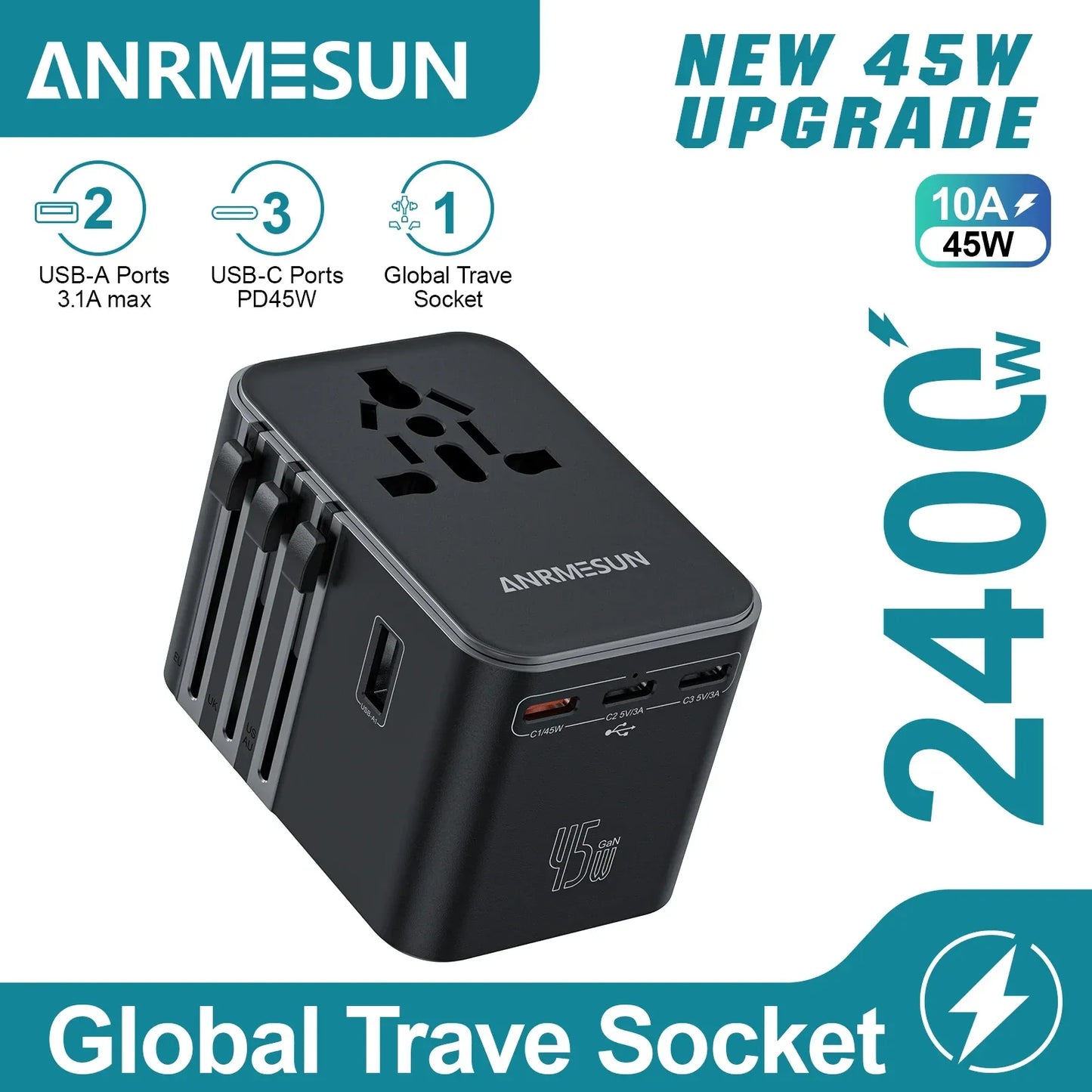 65W/45W/25W GaN Universal Travel Adapter with 2 USB 2 Type C Fast Charging All-in-one Travel Charger EU/UK/USA/AUS for Travel