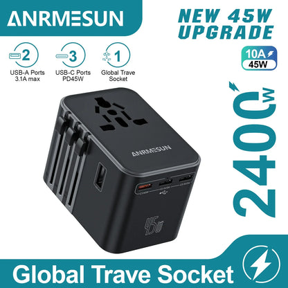 65W/45W/25W GaN Universal Travel Adapter with 2 USB 2 Type C Fast Charging All-in-one Travel Charger EU/UK/USA/AUS for Travel