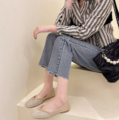 Shoes for Woman 2025 Diamond Flats Women's Summer Footwear Flat Square Toe Pink with Crystals Rhinestone Office 39 Beau Today E
