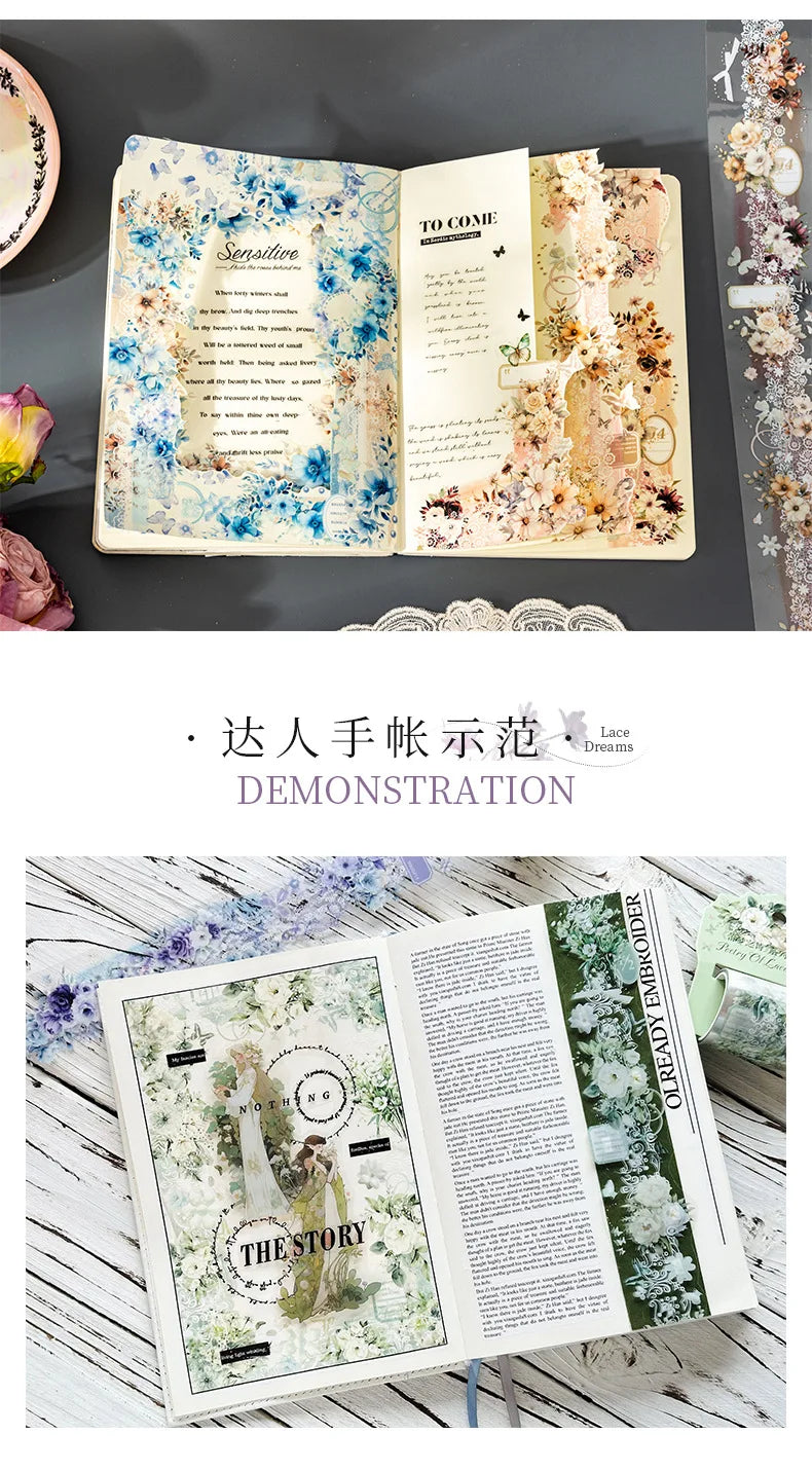 Mr. Paper 1 Roll Lace Flower PET Tape Home Decoration for Scrapbook Frame Phone Case Notebook Phone Case Collage Sticker Gifts