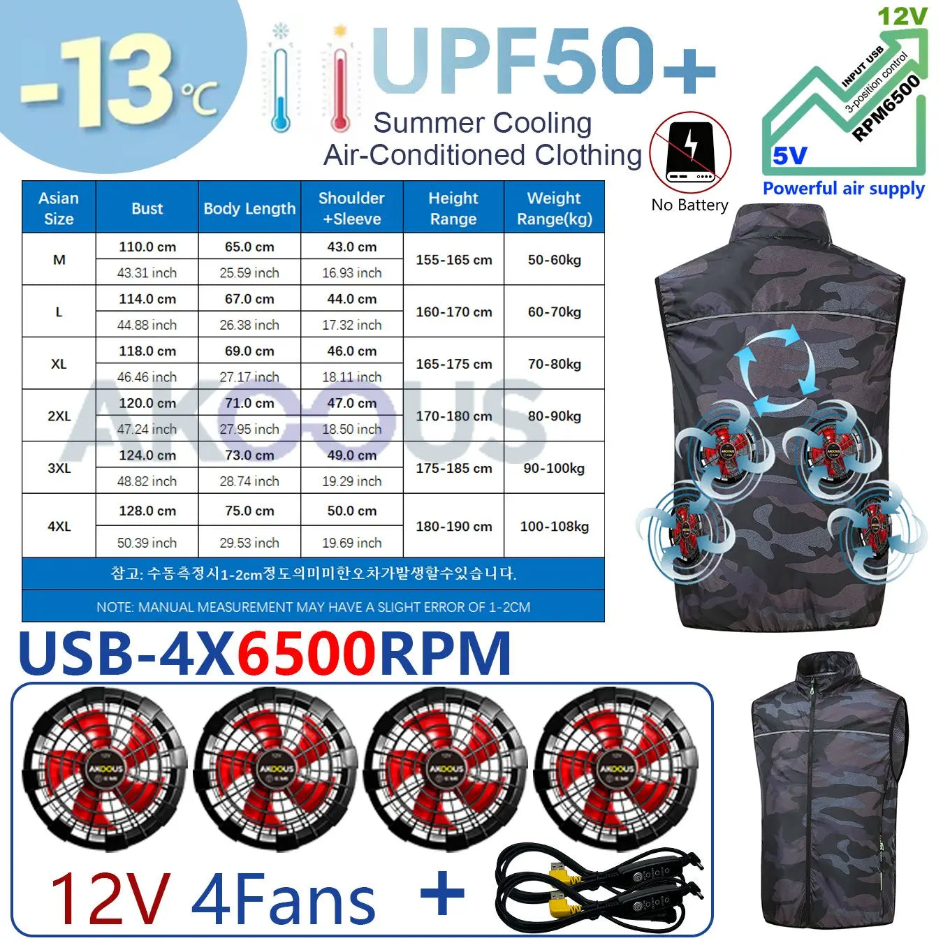 AKOOUS 12V/5V USB 4 Fans Cooling Vest Men Wearable Air Conditioned Clothes for Outdoor Work Fishing Hiking Loose Cool Vest