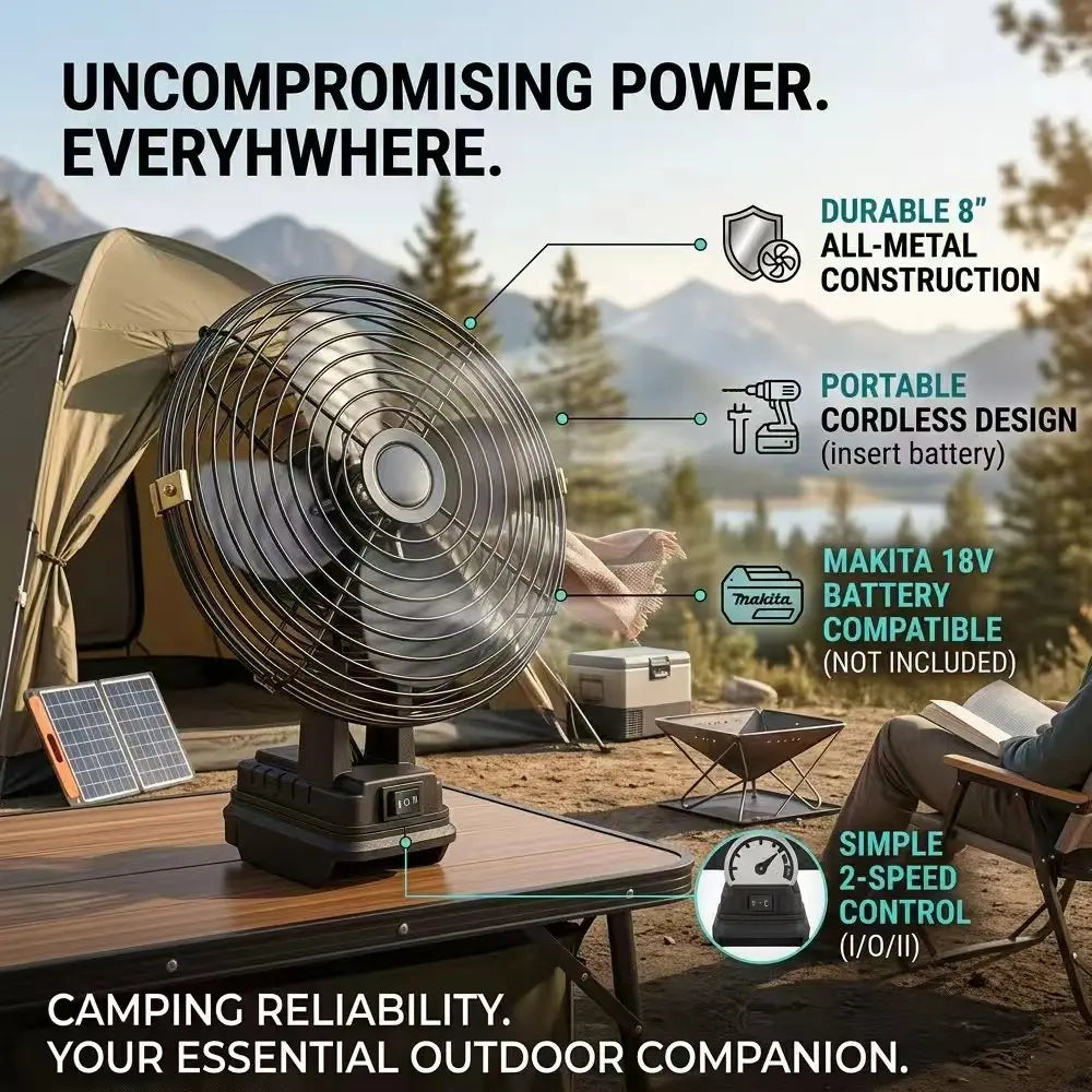 Camping Fan 8 Inches Wireless Outdoor Fishing Desktop Portable Metal Fan Strong Wind Fan Fit Makita/Dewalt 20V Battery  Pins