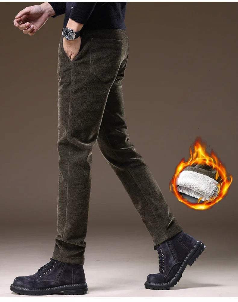 Casual Pants Men Winter New Fleece Business Elastic Waist Slim Korean Warm Thick Brushed Plush Trousers Male 28-38