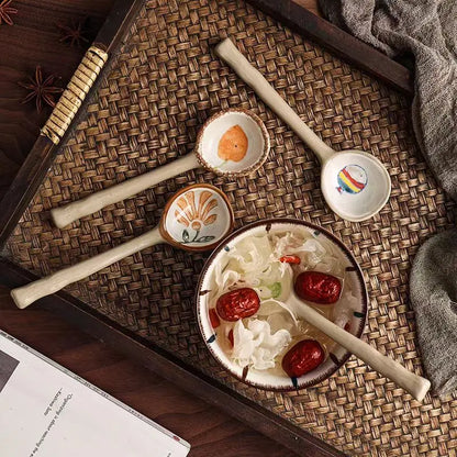 Cute Ceramic Flower Soup Spoon Kawaii Korean Ice Cream Hand Painted Dessert Spoon With Long Handle Kitchen Tableware Accessories