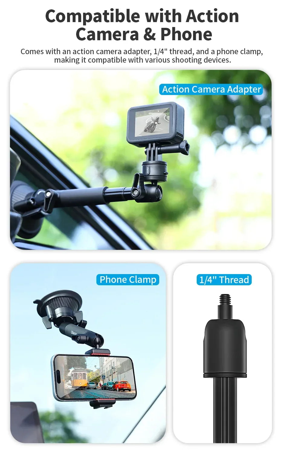 Ulanzi Go-Quick II Action Camera Smartphone Suction Cup Mount 1/4'' Screw 360° Ballhead For GoPro for Insta360 Phone Car Holder