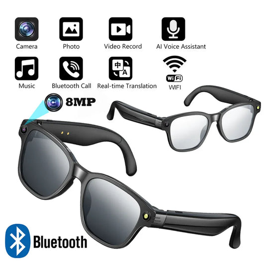 Lunettes intelligentes avec caméra HD 8Mpx, vidéo HD 1200p anti-tremblement, assistant vocal intelligent IA, traduction en temps réel et reconnaissance d'objets.