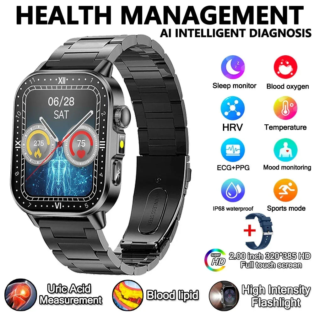 2026 New Model Uric Acid & Lipid Health Analysis Smart Watch Men ECG+PPG Bluetooth Call 2.01-inch Flashlight Smartwatch Women