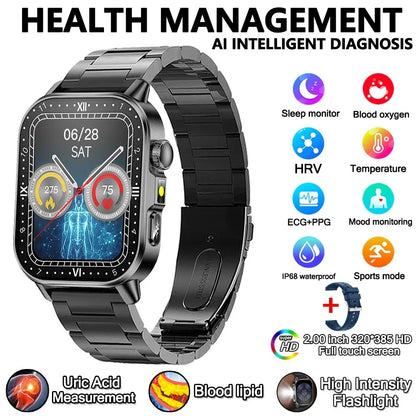 2026 New Model Uric Acid & Lipid Health Analysis Smart Watch Men ECG+PPG Bluetooth Call 2.01-inch Flashlight Smartwatch Women