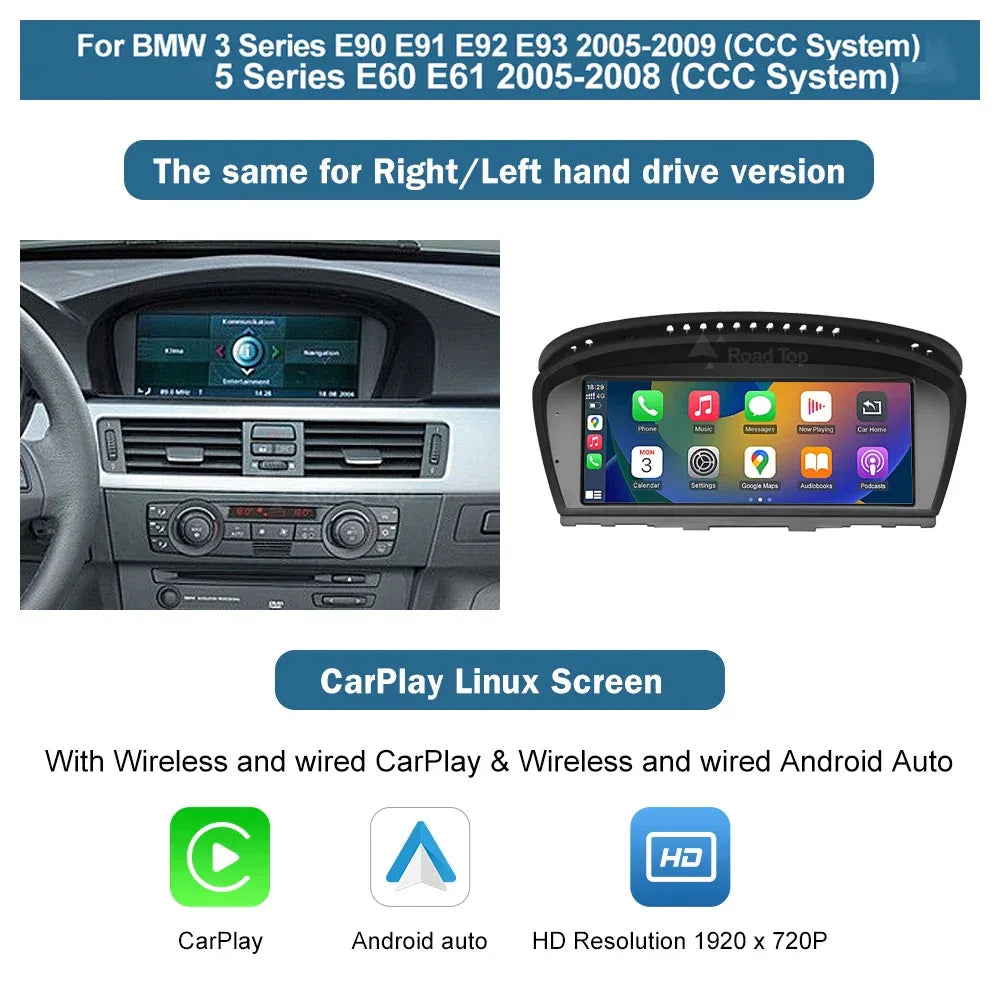 Road Top 8.8'' Wireless Carplay Android Auto Multimedia Display Screen For BMW 3 Series E90 E91 E92 E93 5 Series E60 E61 CCC CIC