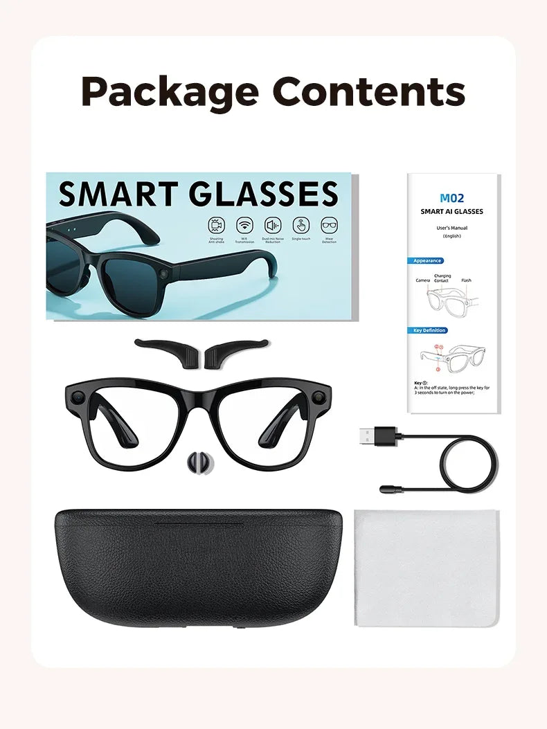 2026 New 800W Camera 3600mAh Portable Charger Smart Glasses 100+language Translation Bluetooth Call Music Player AI Chat Glasses
