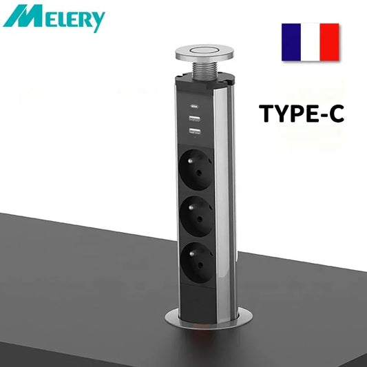 Melery Type-C French Plug Outlet Pop Up Socket Power Strip Multiple Desktop Hidden Outlet 2USB Charge Ports Office Home Kitchen