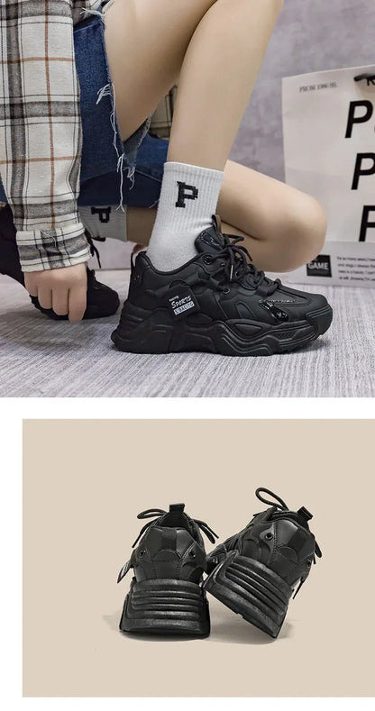 Women's Shoes Platform Autumn Leather 2025 New Versatile Black Casual Sneaker Solid Color Lace-up Vulcanize Shoes Tenis Feminino