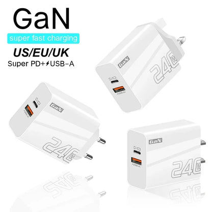 240W GaN USB Type C Charger PD Fast Charge Phone QC 3.0 Quick Chargers For iPhone 17 16Pro Max Mini iPad Charging NEW