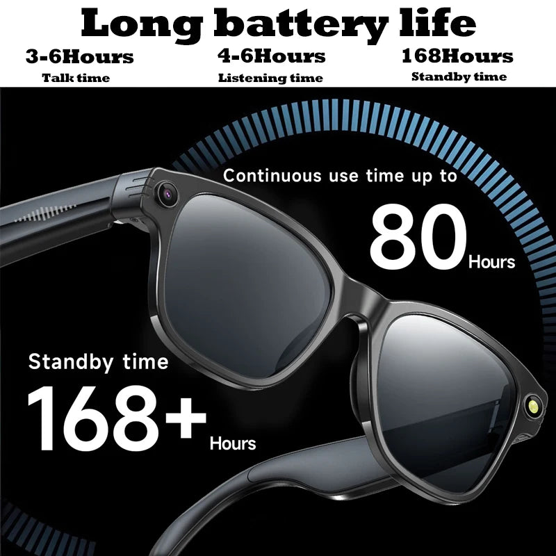 Lunettes intelligentes avec caméra HD 8Mpx, vidéo HD 1200p anti-tremblement, assistant vocal intelligent IA, traduction en temps réel et reconnaissance d'objets.
