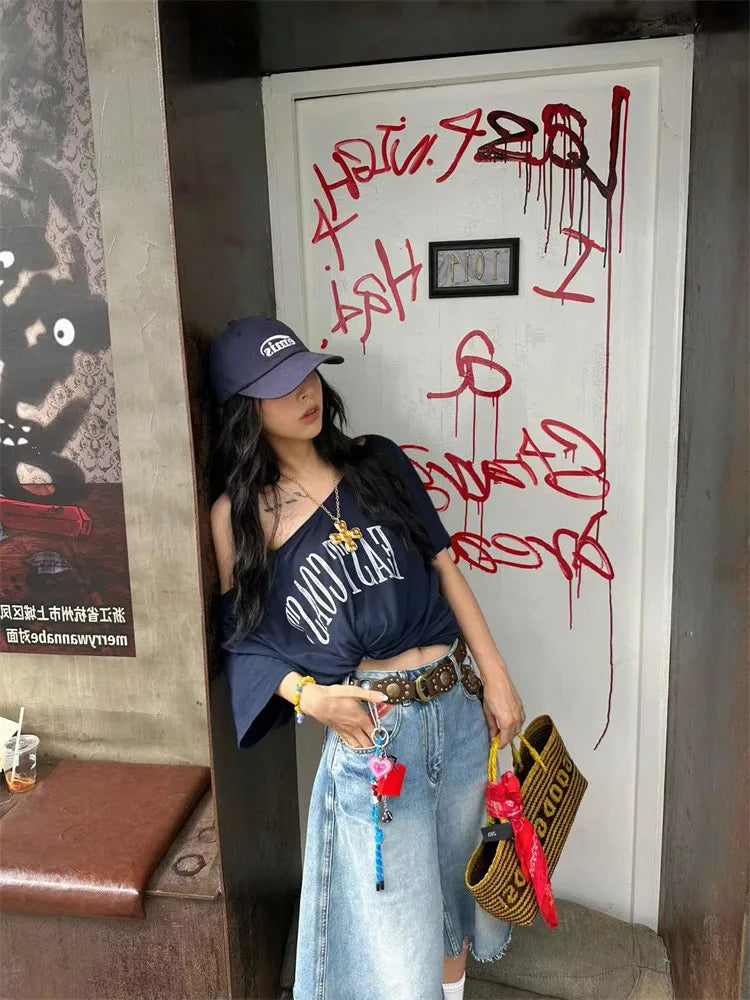 Yedinas Loose Off Shoulder Letter Graphic T Shirts Woman Clothing Short Sleeve American Retro Summer Tops Korean Style Y2k Tees