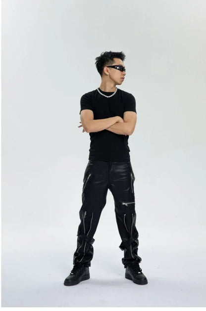 Mauroicardi Spring Autumn Cool Black Pu Leather Pants Men with Many Zippers Belt Luxury Designer Clothing Trousers Fashions 2023