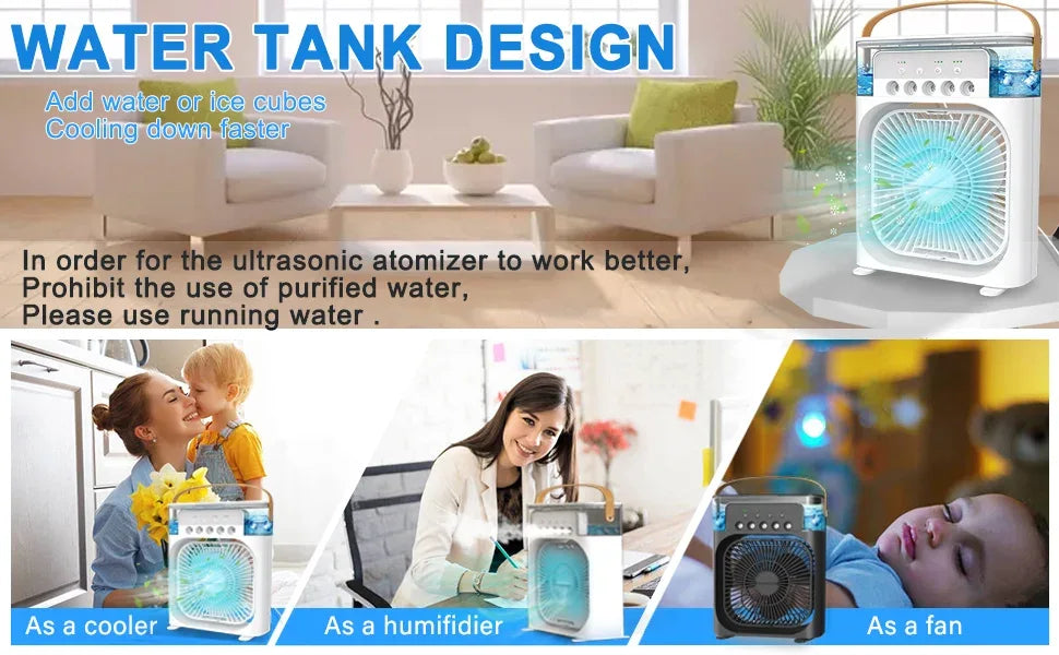 Portable Mini Air Cooler Humidifier Fan 3 Speed Mist Spray 7 Color LED 1/2/3 Hour Timer USB Desk Fan for Home Office Travel