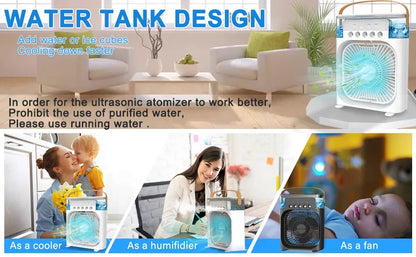 Portable Mini Air Cooler Humidifier Fan 3 Speed Mist Spray 7 Color LED 1/2/3 Hour Timer USB Desk Fan for Home Office Travel