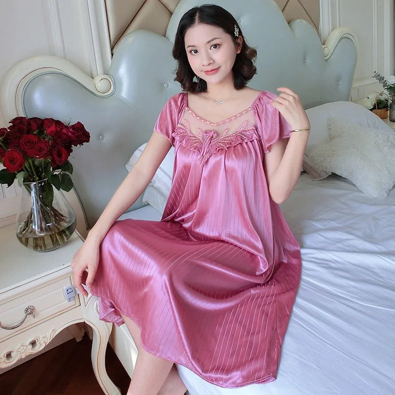 Women's Nightdress Loungewear Ladies Ice Silk Nightgowns Sleeping Dress Medium Length Short Sleeve Home Wear Pyjama Sleepwear