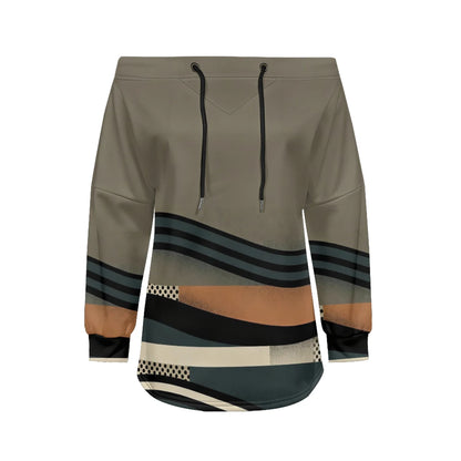 Trendy Off-Shoulder Sweatshirts with Striped & Polka Dot Patterns Drawstring Casual Loose-Fit Top for Women Casual Streetwear