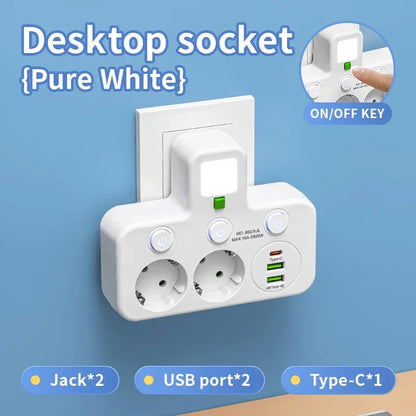 EU Plug Power Strip with 3 AC Outlets +2 USB Ports+ 1 Type C, 6-in-1 Plug Socket Adapter Wireless Wall Charger for Home Office