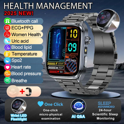 New Uric Acid Blood Lipids AI-GPT ECG Smartwatch Micro Physical Examination Body Analysis Men BT Call LED Flashlight Smartwatch