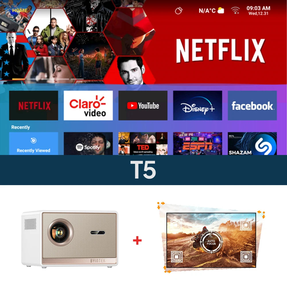 BYINTEK T5  Max Full HD 1080P Projector 4K 1000ANSI Android WiFi 6 Auto Focus ProfessionalBass Home Theater Projector for Video