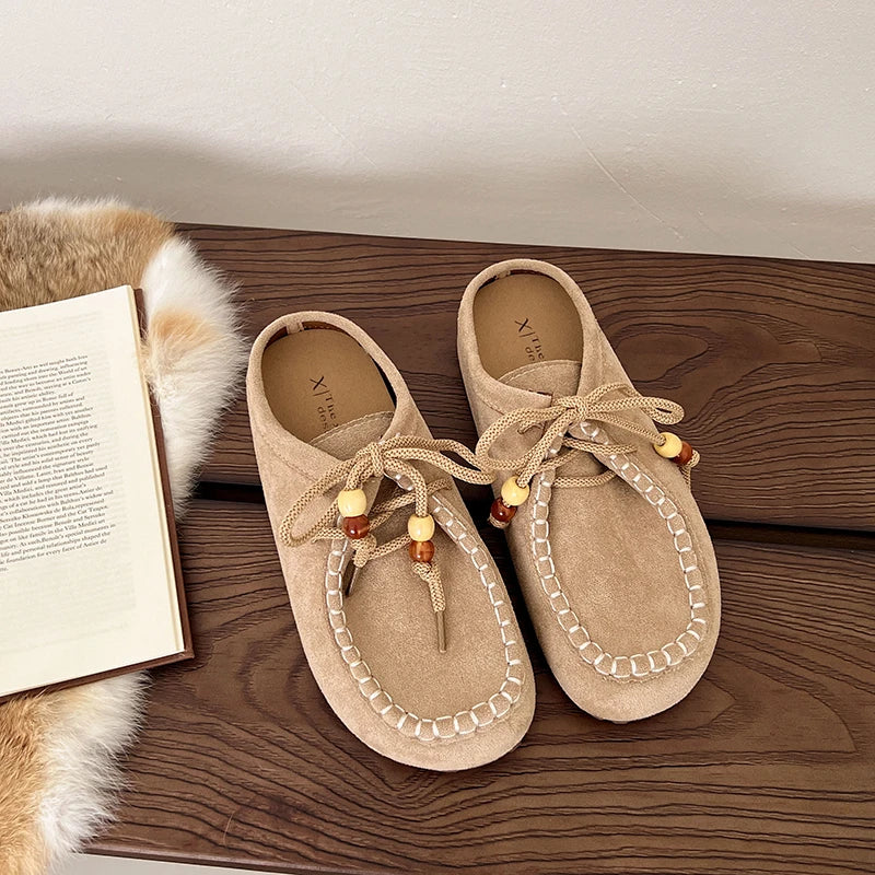 Baotou Slippers Spring New Round Head Deep Mouth Cow Suede Beaded Metal Buckle Soft Sole Anti-slip Wear-resistant Flat Shoes
