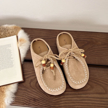 Baotou Slippers Spring New Round Head Deep Mouth Cow Suede Beaded Metal Buckle Soft Sole Anti-slip Wear-resistant Flat Shoes