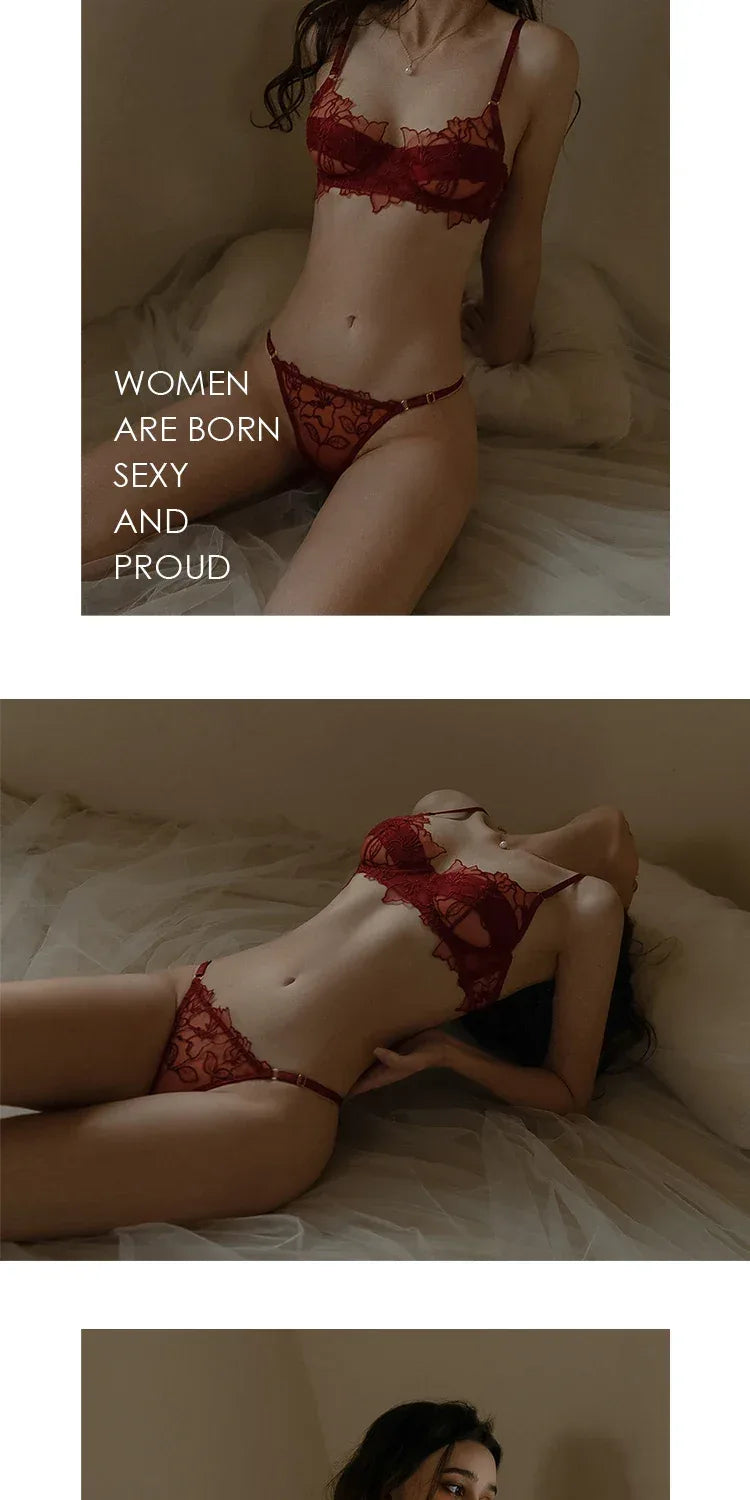 MOYISU French Pure Desire Lingerie Sexy Thin Cup with Underwire Bra Set Christmas New Embroidered Lace Underwear Bra