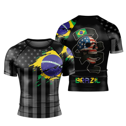 Brazil Jiu-Jitsu Rash Guard,Men Women Short Sleeve Compression Training Shirt with Brazil Flag Print Quick-Drying Sports T-shirt