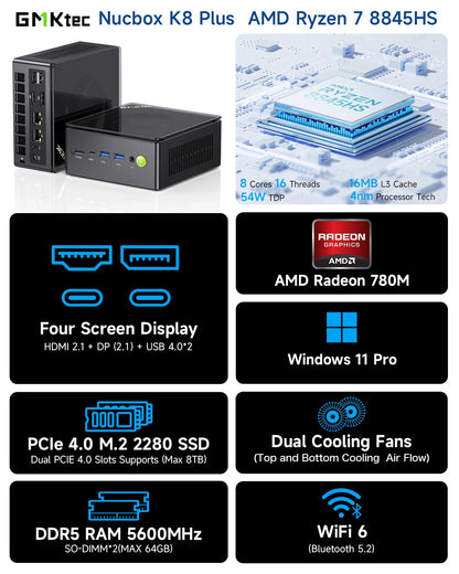 GMKtec Mini PC K11 K8 PLUS M7 AMD Ryzen R9 8945HS R7 8845HS 6850H Windows 11 WiFi6 2*DDR5 USB4.0 2.5G LAN OCulink Gamer Computer
