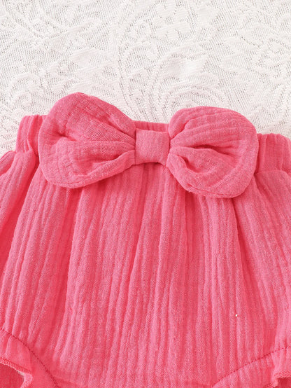 Baby Girl Bow-Knot Suspender Top with Ruffles + Bow-Knot Shorts Set, Cute and Breathable Two-Piece Summer Set