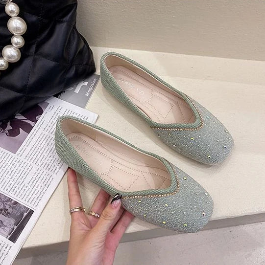 Shoes for Woman 2025 Diamond Flats Women's Summer Footwear Flat Square Toe Pink with Crystals Rhinestone Office 39 Beau Today E