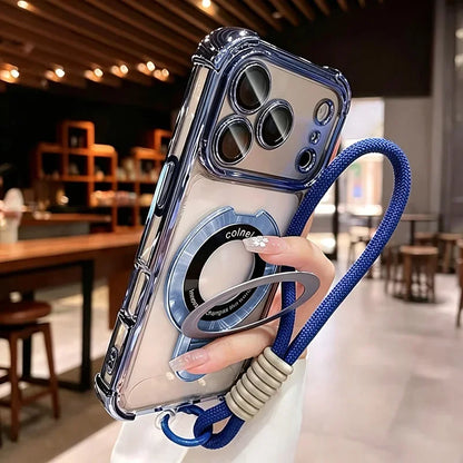Luxury Transparent Magnetic Stand Plating Phone Case For iPhone 18 Pro Max 17 Pro 16 15 14 Plus 13 12 11 With Soft Lanyard Cover