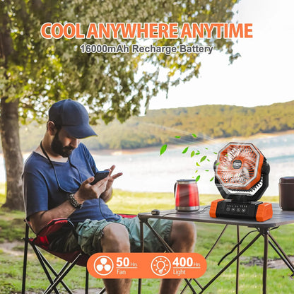 A camping fan powered by a 40000 mAh battery, rechargeable fan, with LED lights, equipped with a remote control and timer