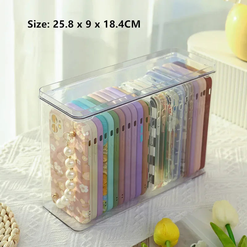 Ins Transparent Phone Case Organizer Storage Box with Cover Home Desktop Acrylic Sundries Storage Basket Phone Case Holder