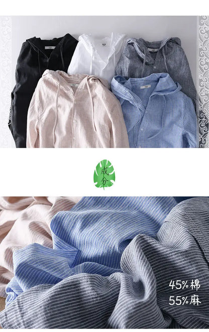 Spring Summer New Hooded Long-sleeved Solid Inen Shirt Trendy Men's Thin Loose Youth Fashionable Cotton Linen Sunscreen Shirt