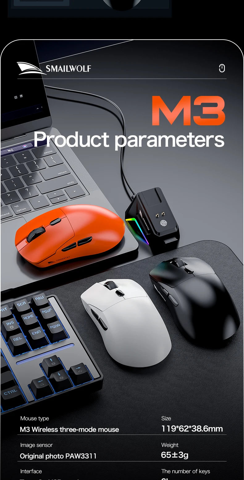 SMAILWOLF M3 PRO Wireless Bluetooth three-mode mouse E-sports gaming laptop desktop PAW3311 wired home Lightweight FPS