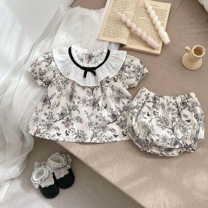 2026 New Summer Baby Clothing Set Infant Girls Floral Lace Collar Tops And Bloomer 2 PCS Suit Toddler Outfit