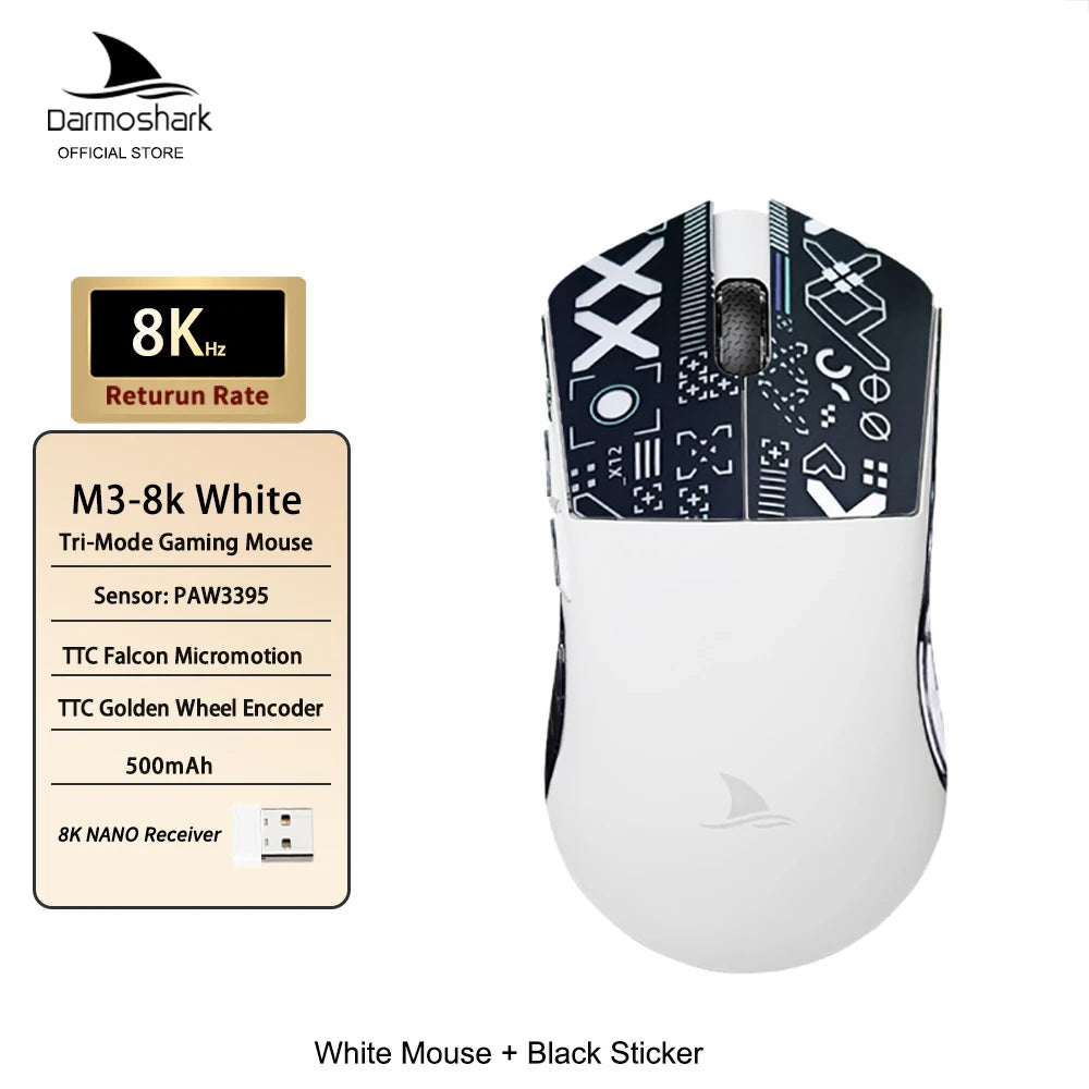 Darmoshark M3 Gaming Mouse Dual Mode 8K Wireless Tri-Mode PAW3395 Big Hand Macro Game Mouse 26000 DPI Lightweight Mice