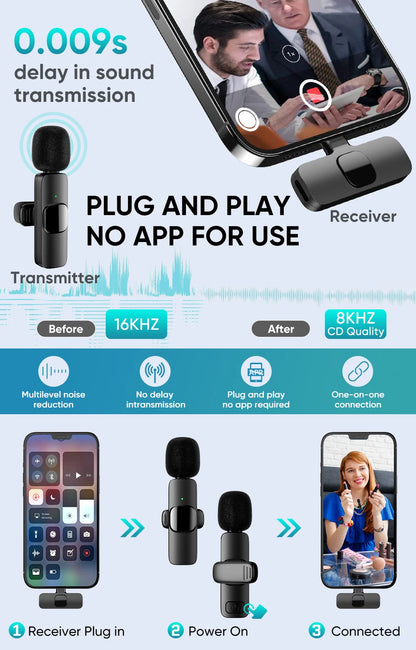 Lavalier Microphone 2.4G Wireless Portable Audio Video Recording Mini Mic for iPhone Android Live Broadcast Gaming Phone Mic