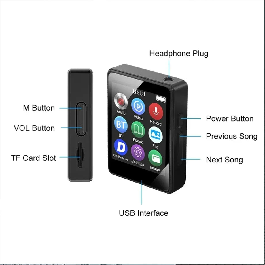 Portable MP3 Player Bluetooth 5.0 Music Stereo Speaker Mini MP4 Video Playback With LED Screen FM Radio Recording For Walkman