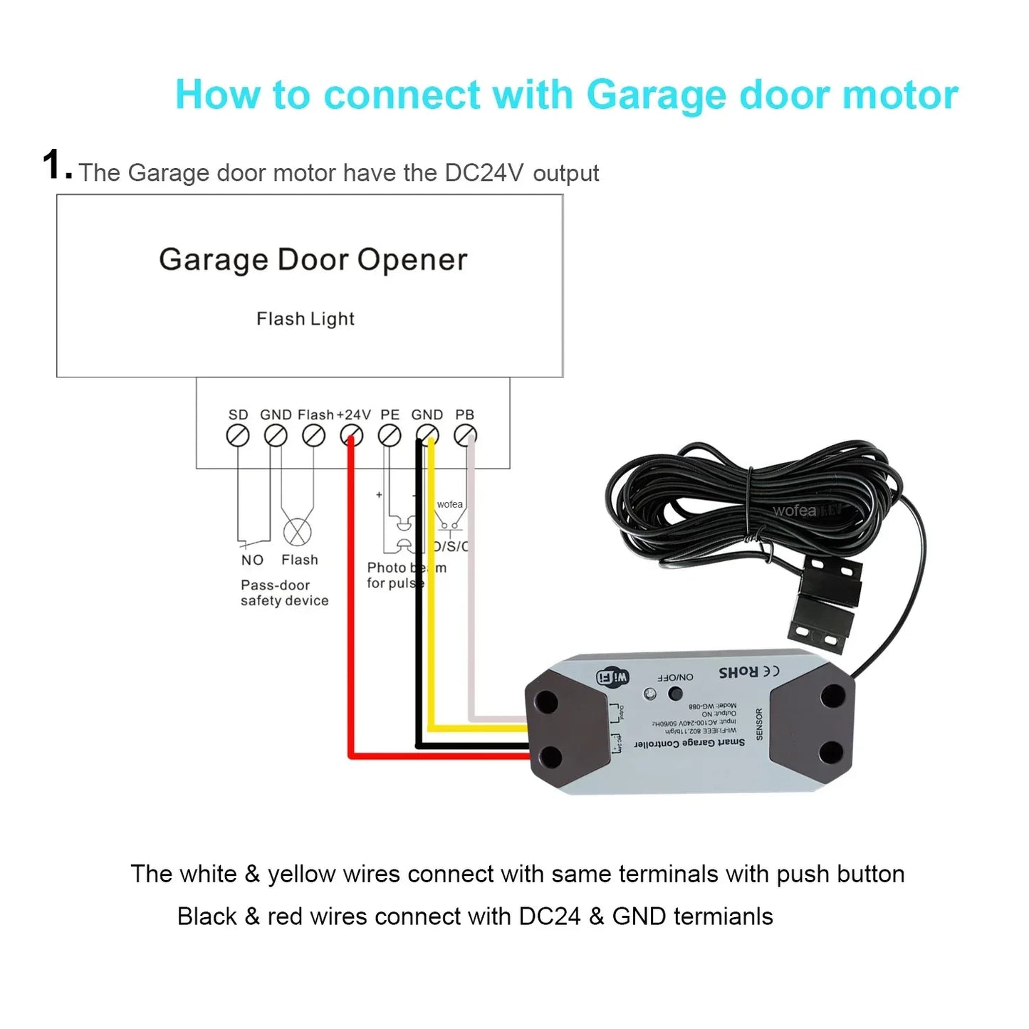 Wofea WiFi Smart Garage Door Opener Controller DC12/DC24V Works with Alexa Google Home 2.4G APP No Gateway Required