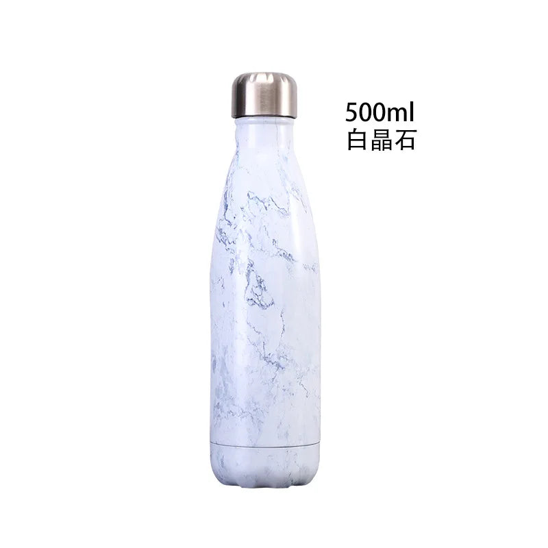 500ml Cola Shape Insulated Bottle, 304 Stainless Steel Vacuum Flask, Marble/Print Portable Water Bottle