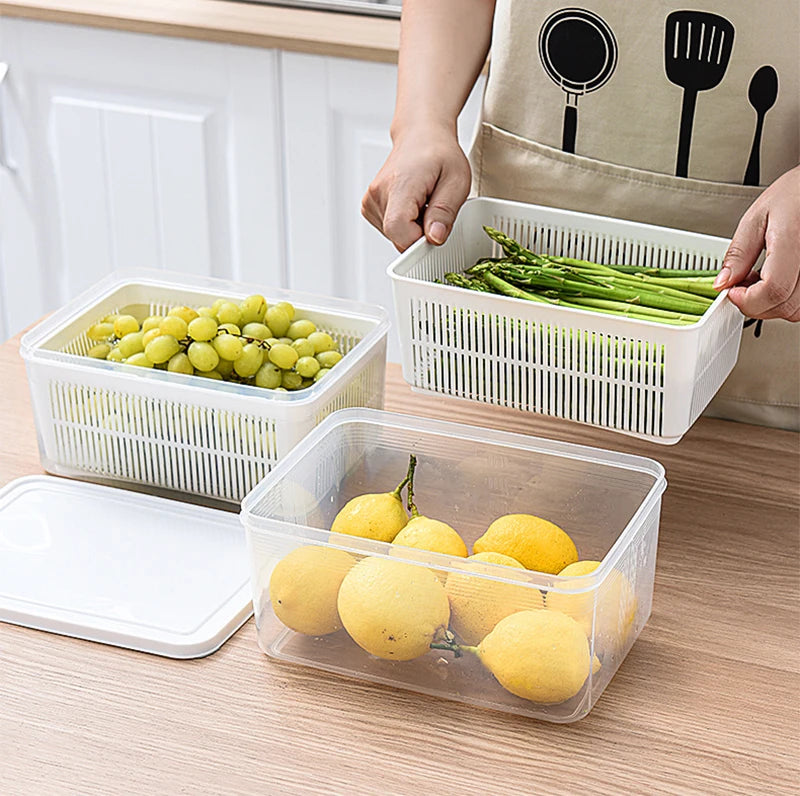 Refrigerator Storage Box Fridge Organizer Fresh Vegetable Fruit Boxes Drain Basket Storage Containers Pantry Kitchen Organizer