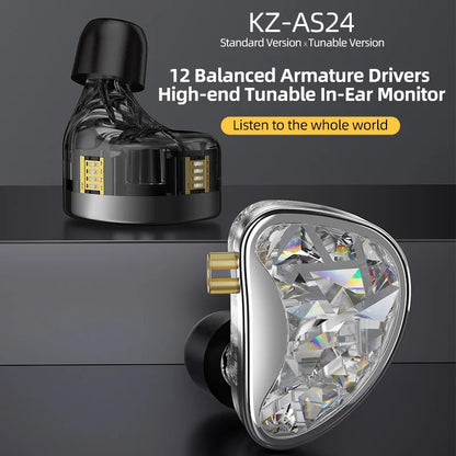 KZ AS24 24BA Units HIFI In Ear 12 Balanced Armature Earphones Noise Cancelling Earbuds Adjustable Tone Headset AST ZSX ZAR