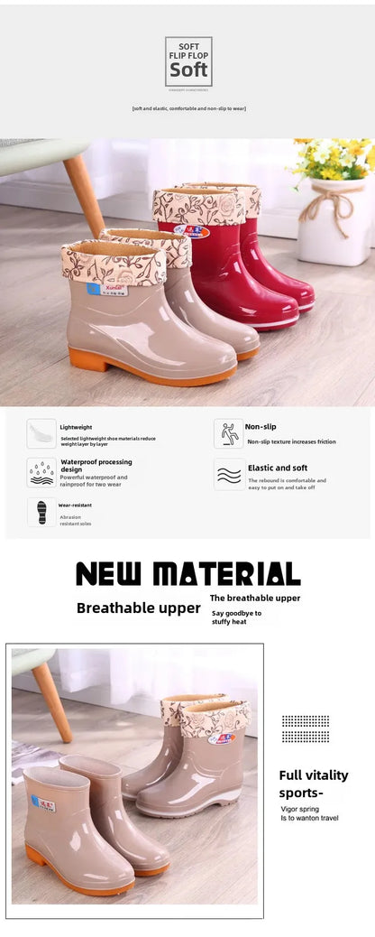 Women's Short Rain Shoes Non-slip Waterproof Rubber Boots Durable Wear-resistant Rain Boots Fleece Lined Warm Shoes Wholesale