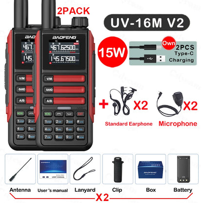2Pack Baofeng 15W 50KM Waterproof Walkie Talkie 999CH AM FM 2-Way Radio Full Band LCD Screen Frequency Copy Noise Reduce UV16M