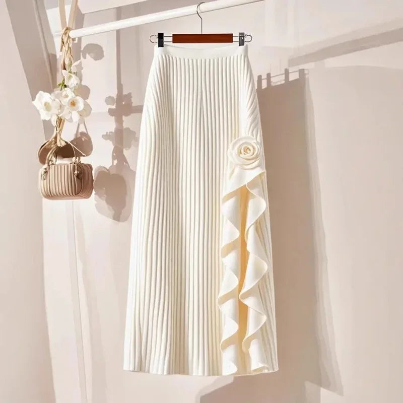 Spring Autumn Winter Elegant Irregular Pleated Skirt for Women Elastic A-line High Waist Midi Skirt White Black Flower Skirts